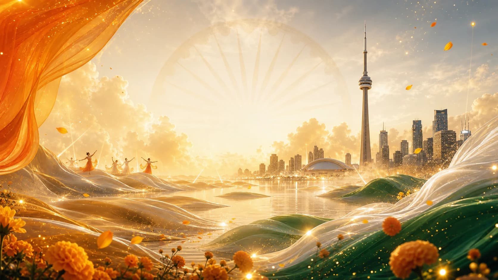 A dreamlike Indian tricolour landscape meeting the Toronto skyline